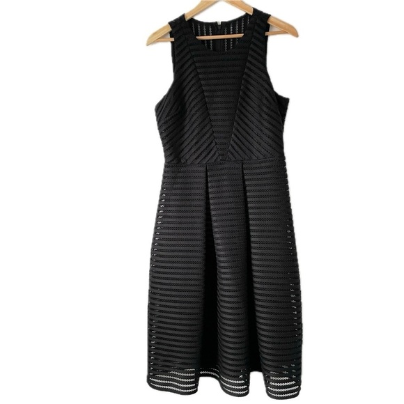Belle Badgley Mischka Pleated Fit and Flare Dress Black Mesh Stripe Women’s 10 - Picture 9 of 9